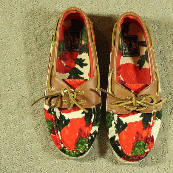 MILLY for Sperry Wm Size 10M Top-Sider Red Floral Topsider Canvas Boat Shoe - Picture 2 of 6